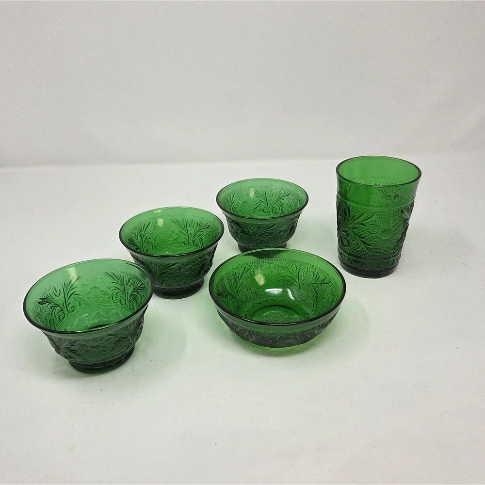 Anchor Hocking Sandwich Forest Green Glass Set 5pc Custard Bowls Tumbler 1950s